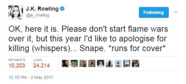 Did JK Rowling apologizes for killing Snape?