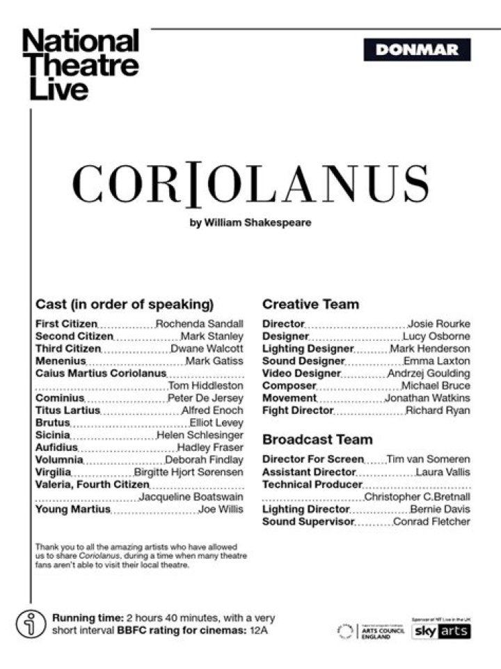 How can I watch the national Theatre live Coriolanus?