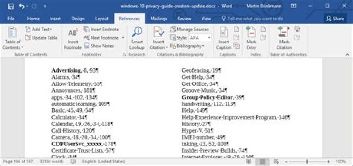 How do I create an automatic index in Word 2016?