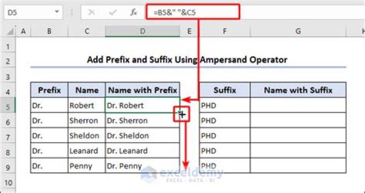 How do you add a prefix and suffix in Excel?