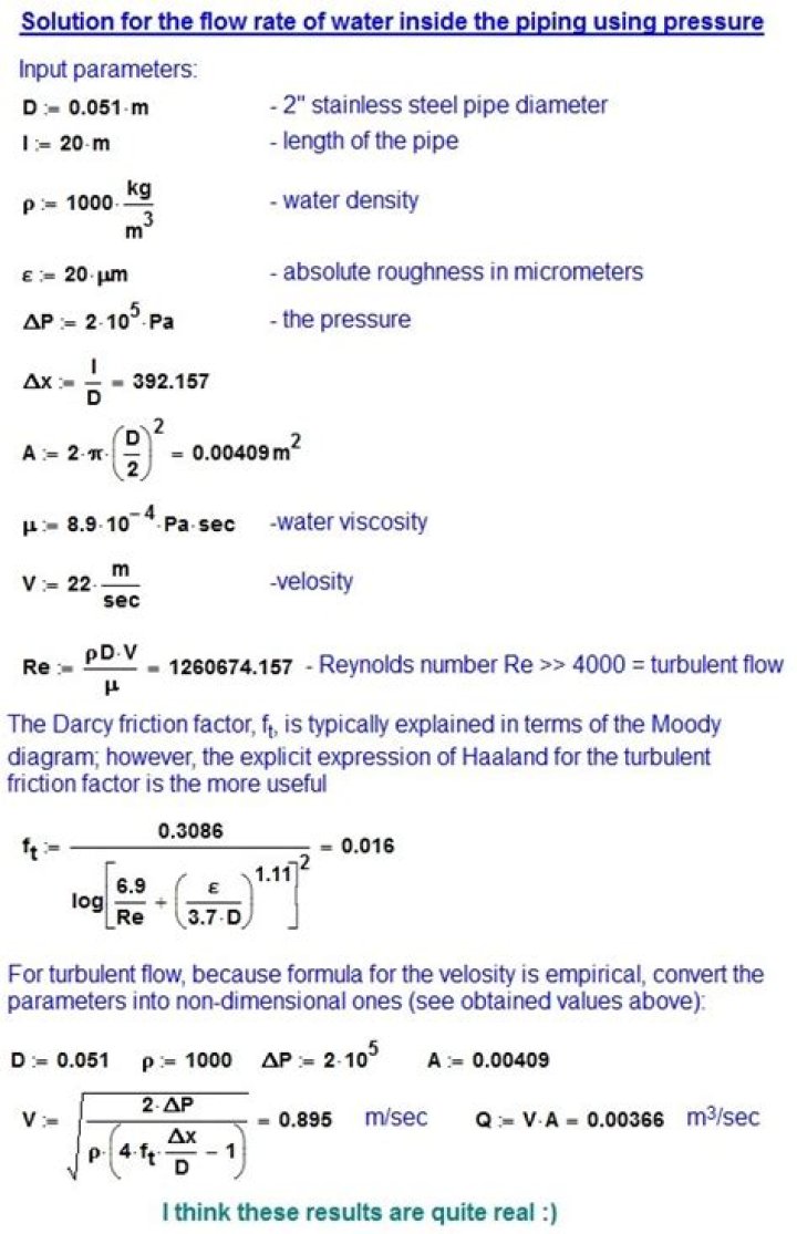 How do you calculate water flow through a pipe based on pressure?