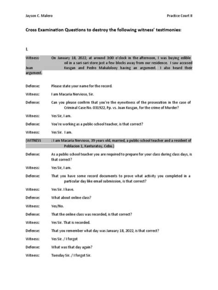 How do you write a cross examination question mock trial?