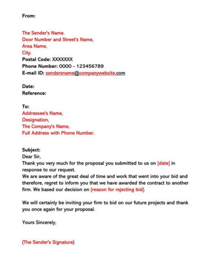 How do you write a rejection letter for a bid?