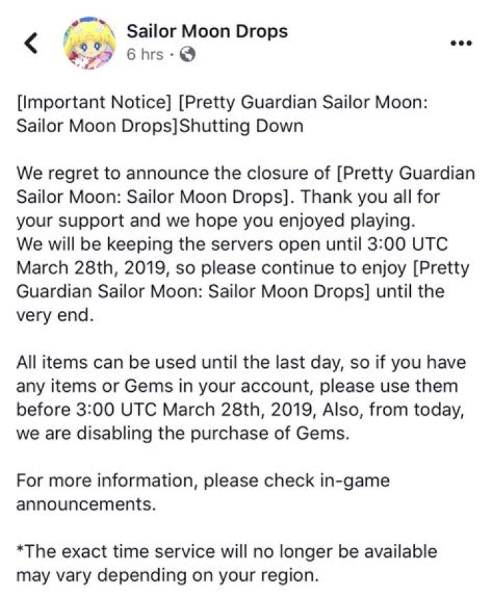 Is Sailor Moon Drops shutting down?