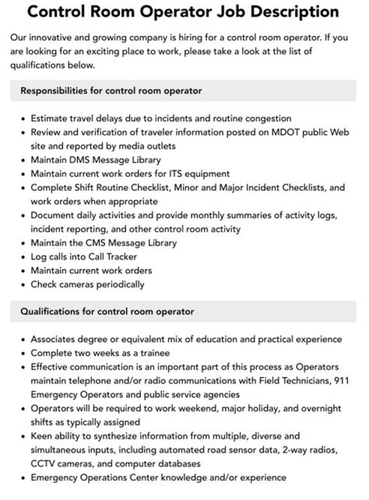 What is a control room operator job description?