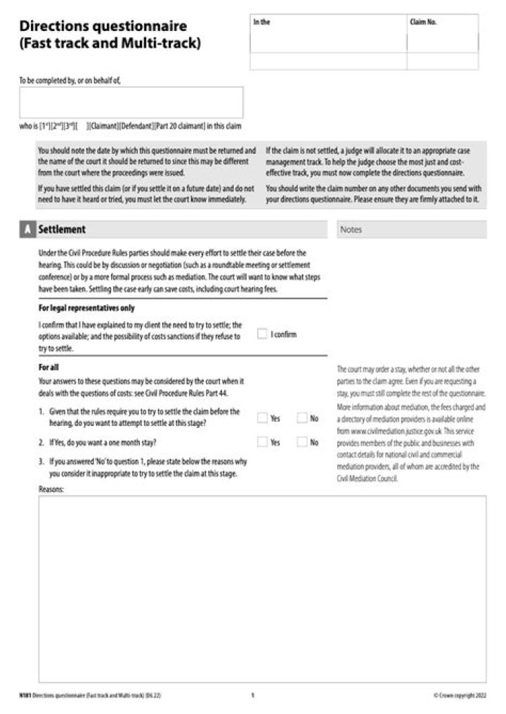 What is a directions questionnaire multi-track?