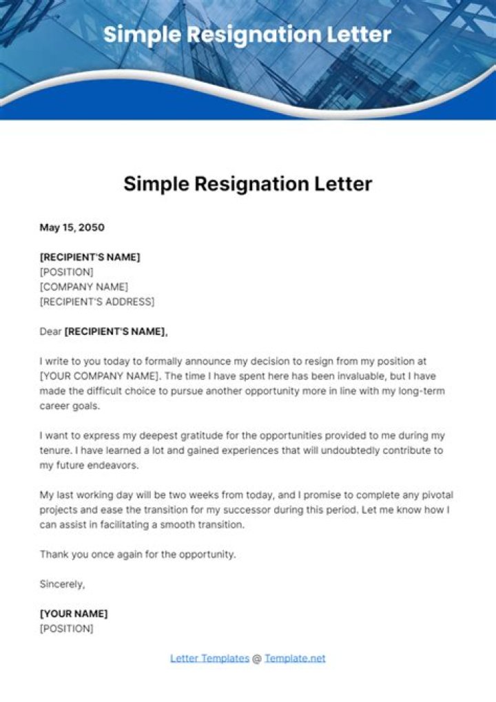 What is an example of a simple resignation letter?