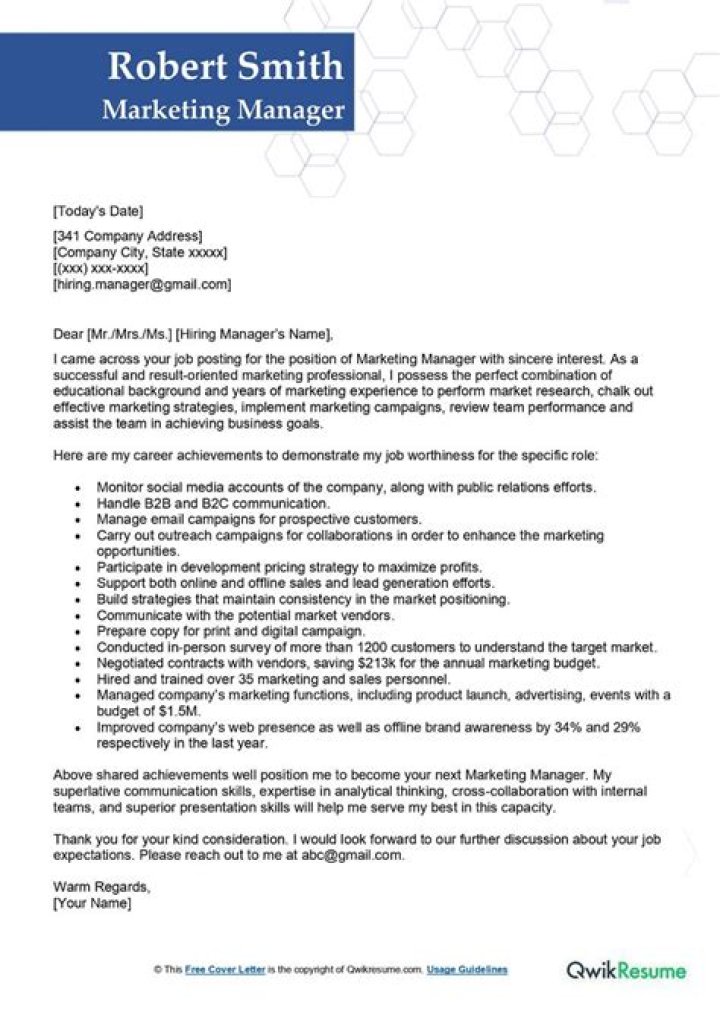 What should a marketing manager cover letter include?