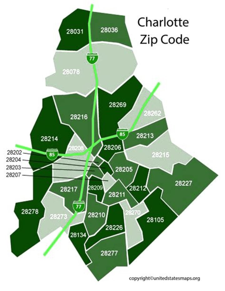 What zip codes are in North Charlotte NC?