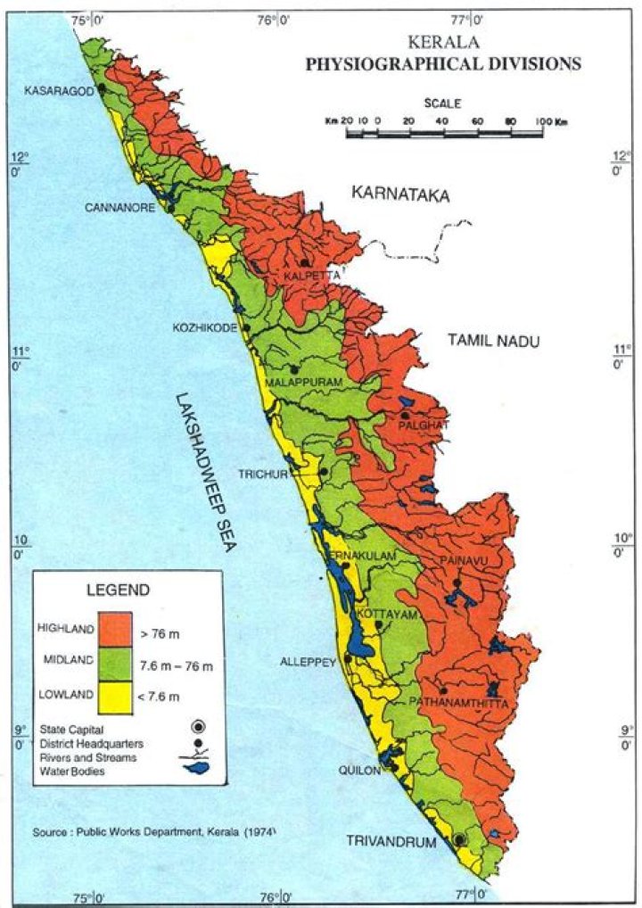 Which are the physiographic regions of Kerala?